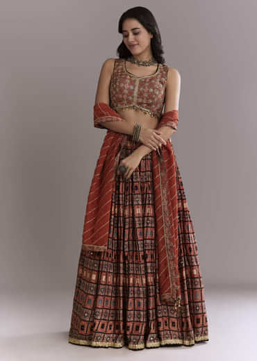 Maroon Modal Bridesmaid Lehenga With Hand Dyed Ajrakh Print