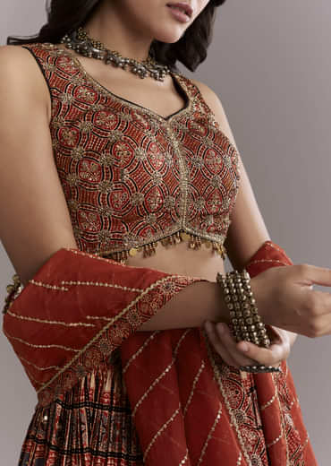 Maroon Modal Bridesmaid Lehenga With Hand Dyed Ajrakh Print