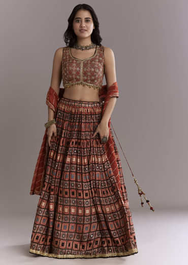 Maroon Modal Bridesmaid Lehenga With Hand Dyed Ajrakh Print