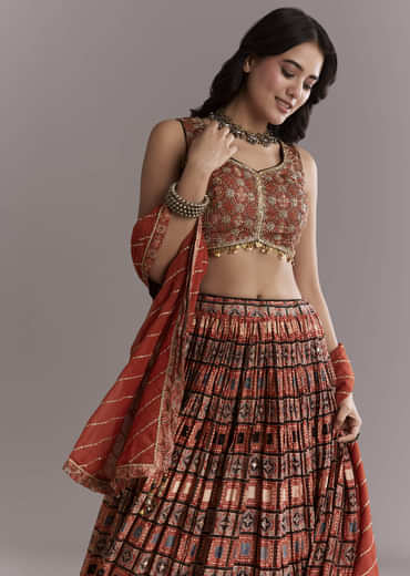 Maroon Modal Bridesmaid Lehenga With Hand Dyed Ajrakh Print
