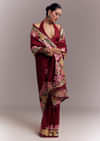 Maroon Organza Silk Saree With Floral Embroidery And Cutwork