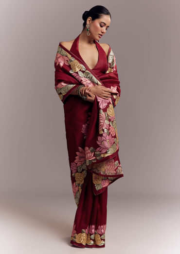 Maroon Organza Silk Saree With Floral Embroidery And Cutwork