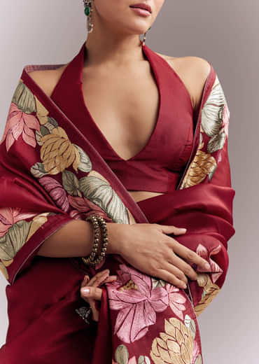 Maroon Organza Silk Saree With Floral Embroidery And Cutwork