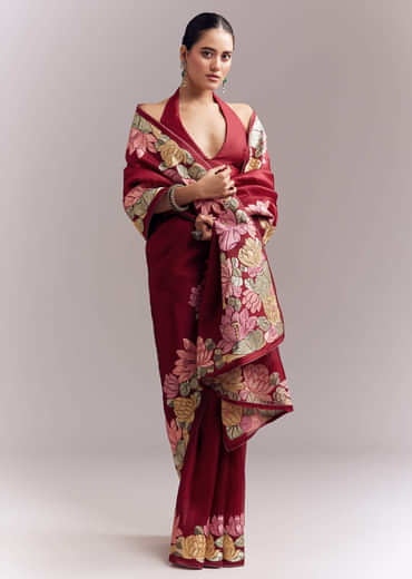 Maroon Organza Silk Saree With Floral Embroidery And Cutwork