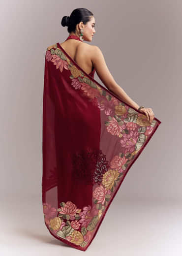Maroon Organza Silk Saree With Floral Embroidery And Cutwork