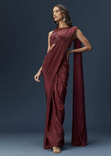 Maroon Ready Pleated Saree With High Neck Blouse