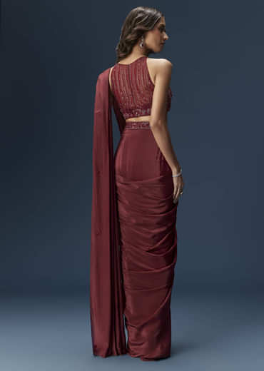 Maroon Ready Pleated Saree With High Neck Blouse