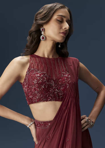 Maroon Ready Pleated Saree With High Neck Blouse