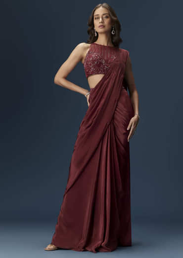 Maroon Ready Pleated Saree With High Neck Blouse