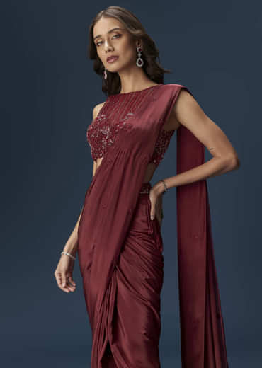 Maroon Ready Pleated Saree With High Neck Blouse