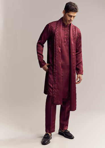 Maroon Red Silk Hand Embroidered Kurta Set For Men