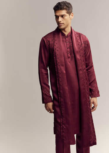 Maroon Red Silk Hand Embroidered Kurta Set For Men