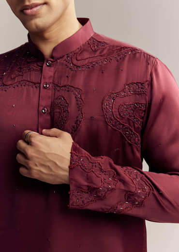 Maroon Red Silk Hand Embroidered Kurta Set For Men