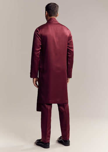 Maroon Red Silk Hand Embroidered Kurta Set For Men