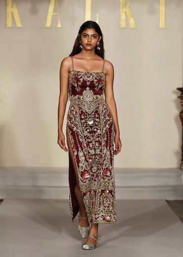 Maroon Satin Bridal Gown With Zardosi And Sequins Embroidery