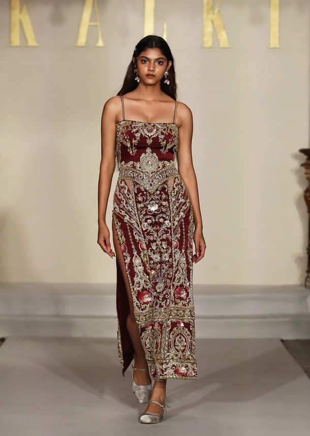 Maroon Satin Bridal Gown With Zardosi And Sequins Embroidery