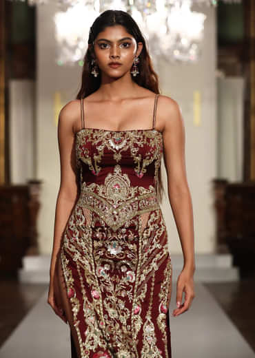 Maroon Satin Bridal Gown With Zardosi And Sequins Embroidery