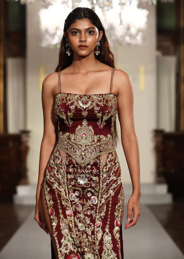 Maroon Satin Bridal Gown With Zardosi And Sequins Embroidery