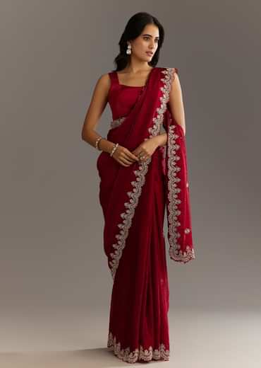 Maroon Satin Embroidered Saree With Scallop Border