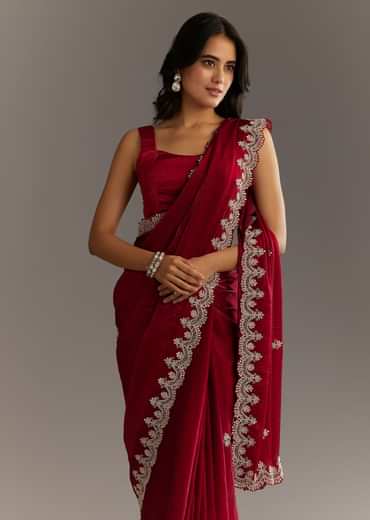 Maroon Satin Embroidered Saree With Scallop Border
