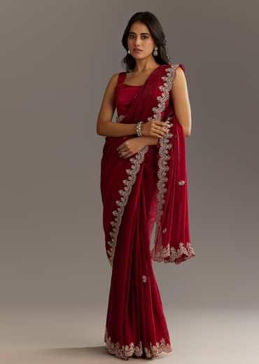Maroon Satin Embroidered Saree With Scallop Border