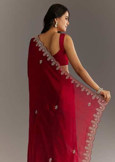 Maroon Satin Embroidered Saree With Scallop Border