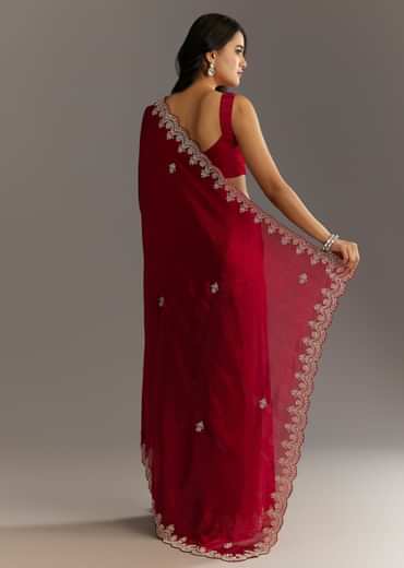 Maroon Satin Embroidered Saree With Scallop Border