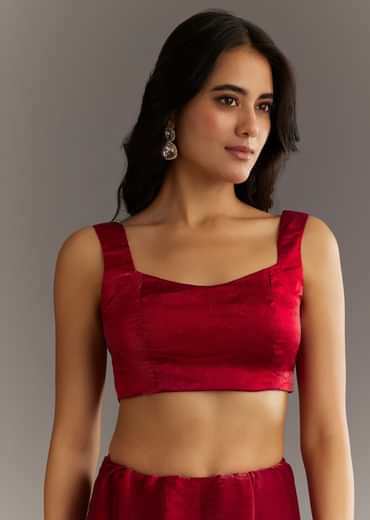 Maroon Satin Embroidered Saree With Scallop Border