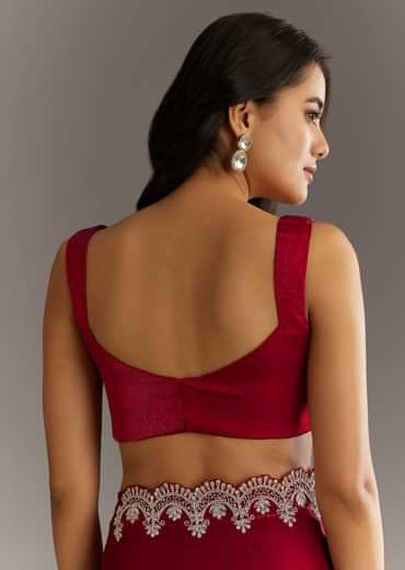Maroon Satin Embroidered Saree With Scallop Border