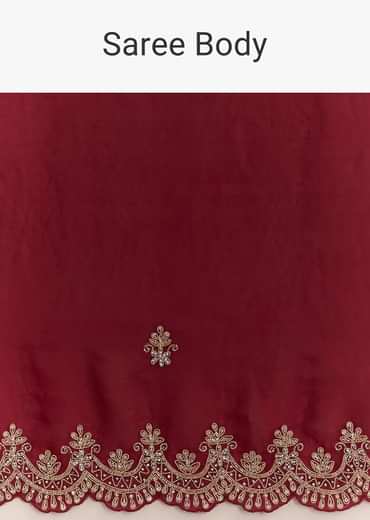 Maroon Satin Embroidered Saree With Scallop Border