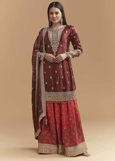 Maroon Satin Palazzo Suit With Heavy Zari Work