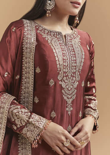 Maroon Satin Palazzo Suit With Heavy Zari Work