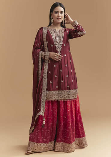 Maroon Satin Palazzo Suit With Heavy Zari Work