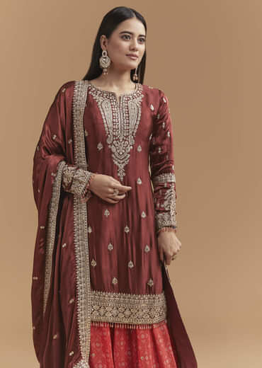 Maroon Satin Palazzo Suit With Heavy Zari Work