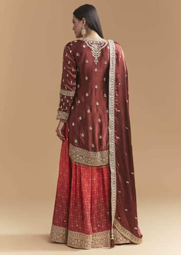 Maroon Satin Palazzo Suit With Heavy Zari Work