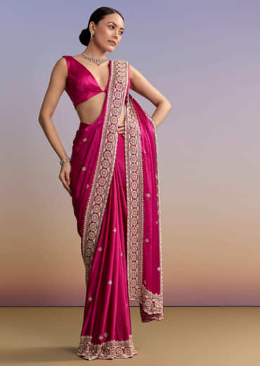 Maroon Satin Saree With Floral Embroidered Border