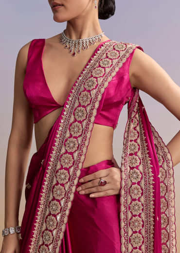 Maroon Satin Saree With Floral Embroidered Border