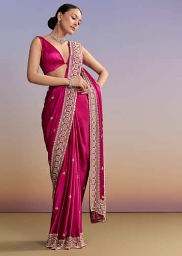 Maroon Satin Saree With Floral Embroidered Border