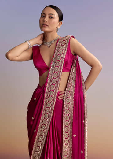 Maroon Satin Saree With Floral Embroidered Border