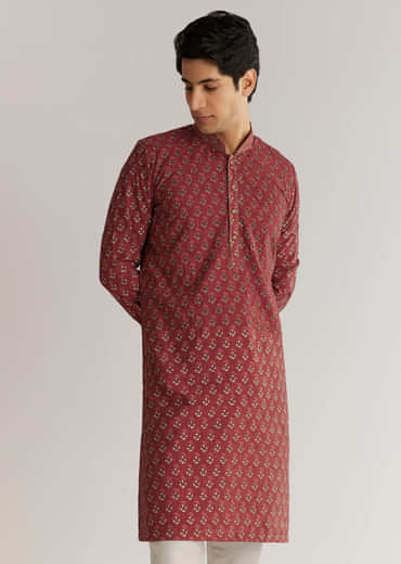 Maroon Silk Cutdana Floral Kurta Set