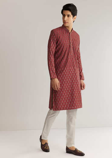 Maroon Silk Cutdana Floral Kurta Set