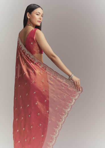 Maroon Silk Embroidered Saree With Heavy Hand Embroidery
