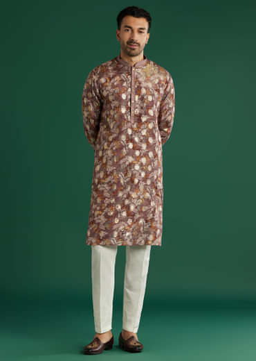 Maroon Silk Kurta Set For Men With Floral Motif Print