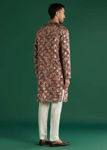 Maroon Silk Kurta Set For Men With Floral Motif Print