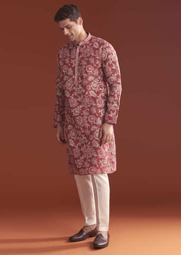 Maroon Silk Kurta Set For Men With Floral Thread Work