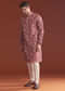 Maroon Silk Kurta Set For Men With Floral Thread Work