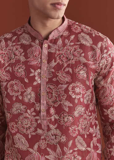 Maroon Silk Kurta Set For Men With Floral Thread Work