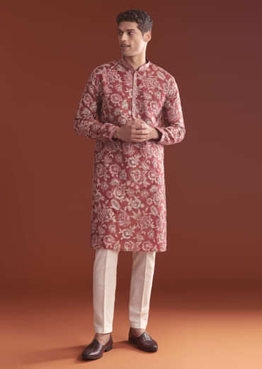 Maroon Silk Kurta Set For Men With Floral Thread Work