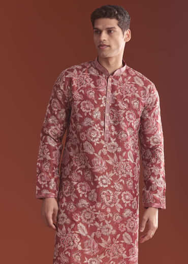 Maroon Silk Kurta Set For Men With Floral Thread Work
