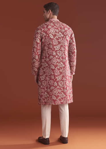 Maroon Silk Kurta Set For Men With Floral Thread Work